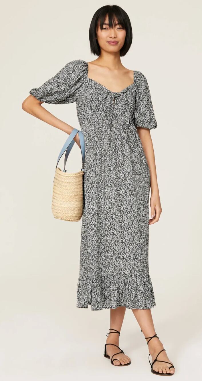 Slate & Willow Black Floral Tie Front Midi Dress XS Puff Sleeve Cottagecore